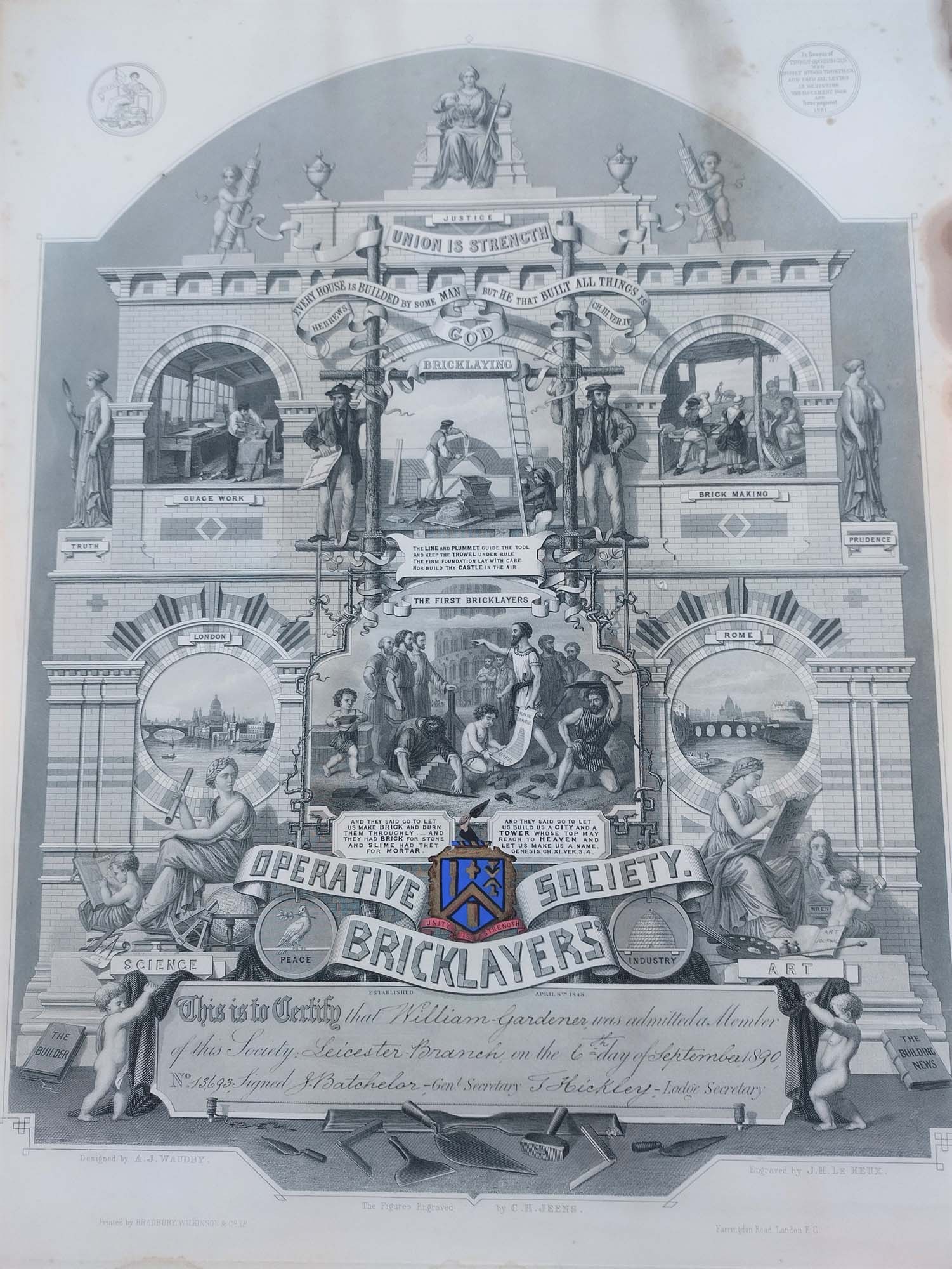 Membership certificate for the Operative Bricklayers’ Society