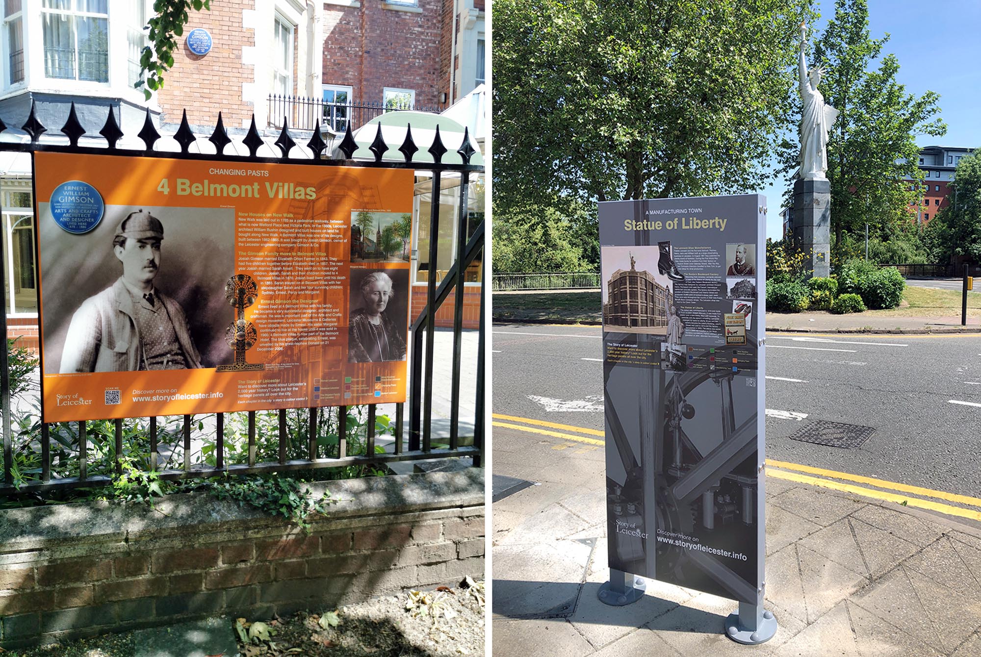 One of the Ernest Gimson panels (outside Belmont Hotel) and the Statue of Liberty (Upperton Street) panel in situ.